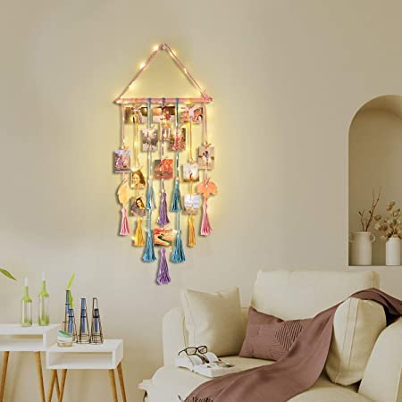 TIO's Hanging Photo Display Wall Decor - Macrame Wall Decor Hanging String Light Boho Home Decor for Apartment Bedroom Living Room Gallery, with 30 Wood Clips for Photo Collage Frame