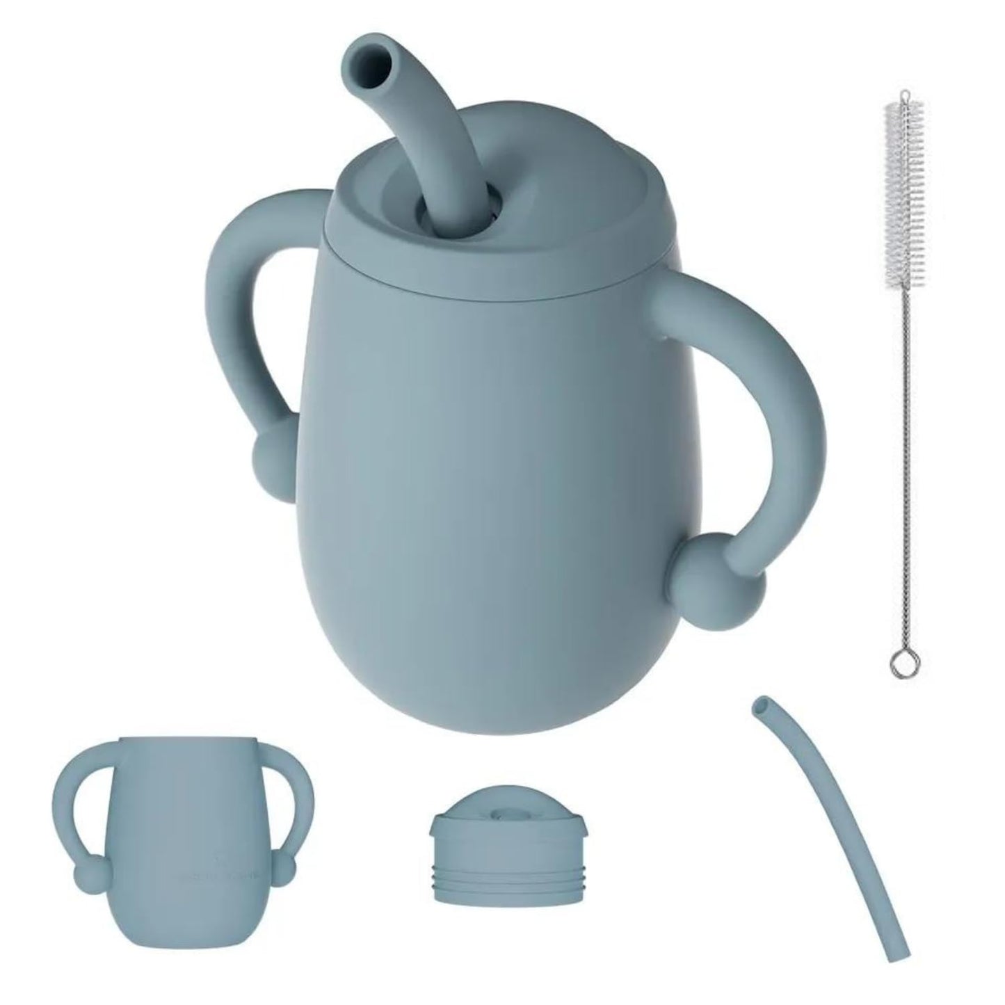 TIO's Mini Cup + Straw Training System - 100% Silicone Training Cup For Infants + Toddlers (Grey Blue) - 150 Ml