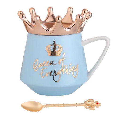 TIO's Set of 2 Queen Coffee Mug, Coffee Mug with Lid, Ceramic Coffee Mug with Spoon (400ml - Sky Blue & Golden)