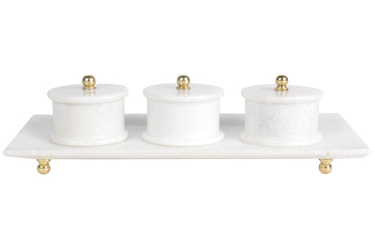 TIO's Handmade White Marble and Brass 1 Tray and 3 Trinket Boxes Set for Home and Kitchen