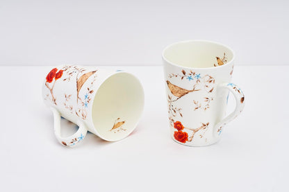 TIO's Ceramic Floral Print - Milk & Coffee Mug, 300 Ml - Set of 2 (Birdsong)