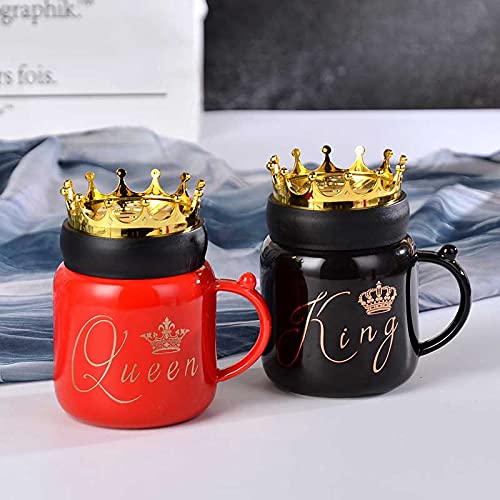 TIO's Set of 2 Queen Coffee Mug, Coffee Mug with Lid, Ceramic Coffee Mug with Spoon (400ml - Red & Black)