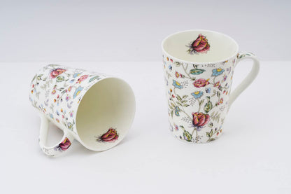 TIO's Ceramic Floral Print - Milk & Coffee Mug, 300 Ml - Set of 2 (Pink Shrub)