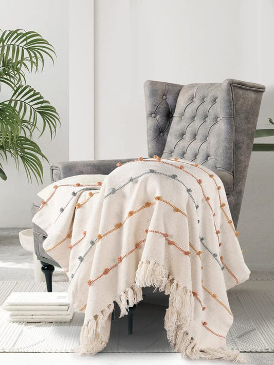 TIO'S Striped Throw Blanket | Throw for Living Room, Sofa, Bed, Chair, Picnic & Used for Gift | Natural & Beige Throw Blanket | 150x125 (Pack of 1, Cotton, Lightweight)