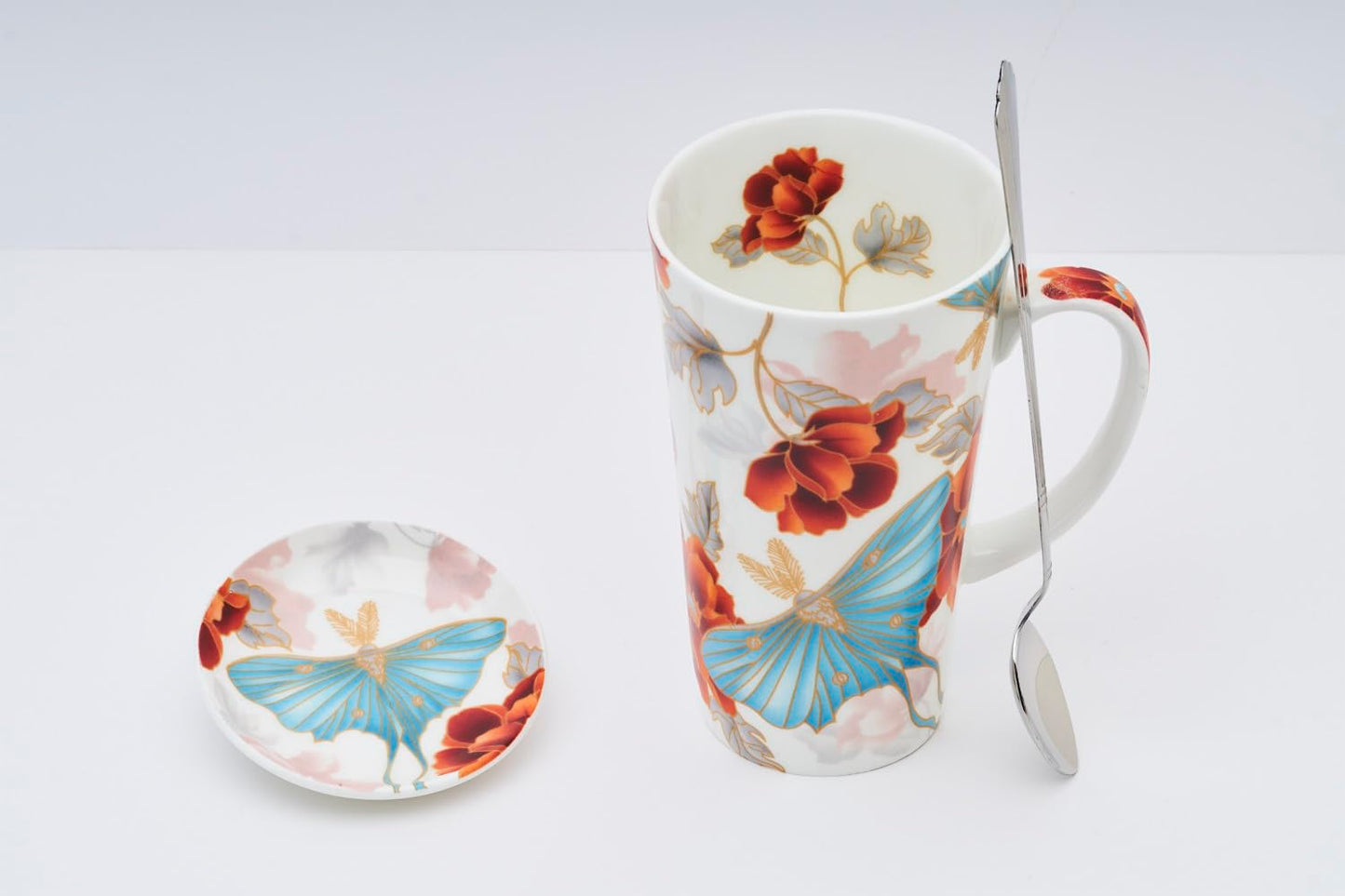 TIO's Ceramic Milk & Coffee Mug, 500 Ml - Set of 1 Mug, 1 Spoon & 1 Coaster (Butterfly Blue & Orange)