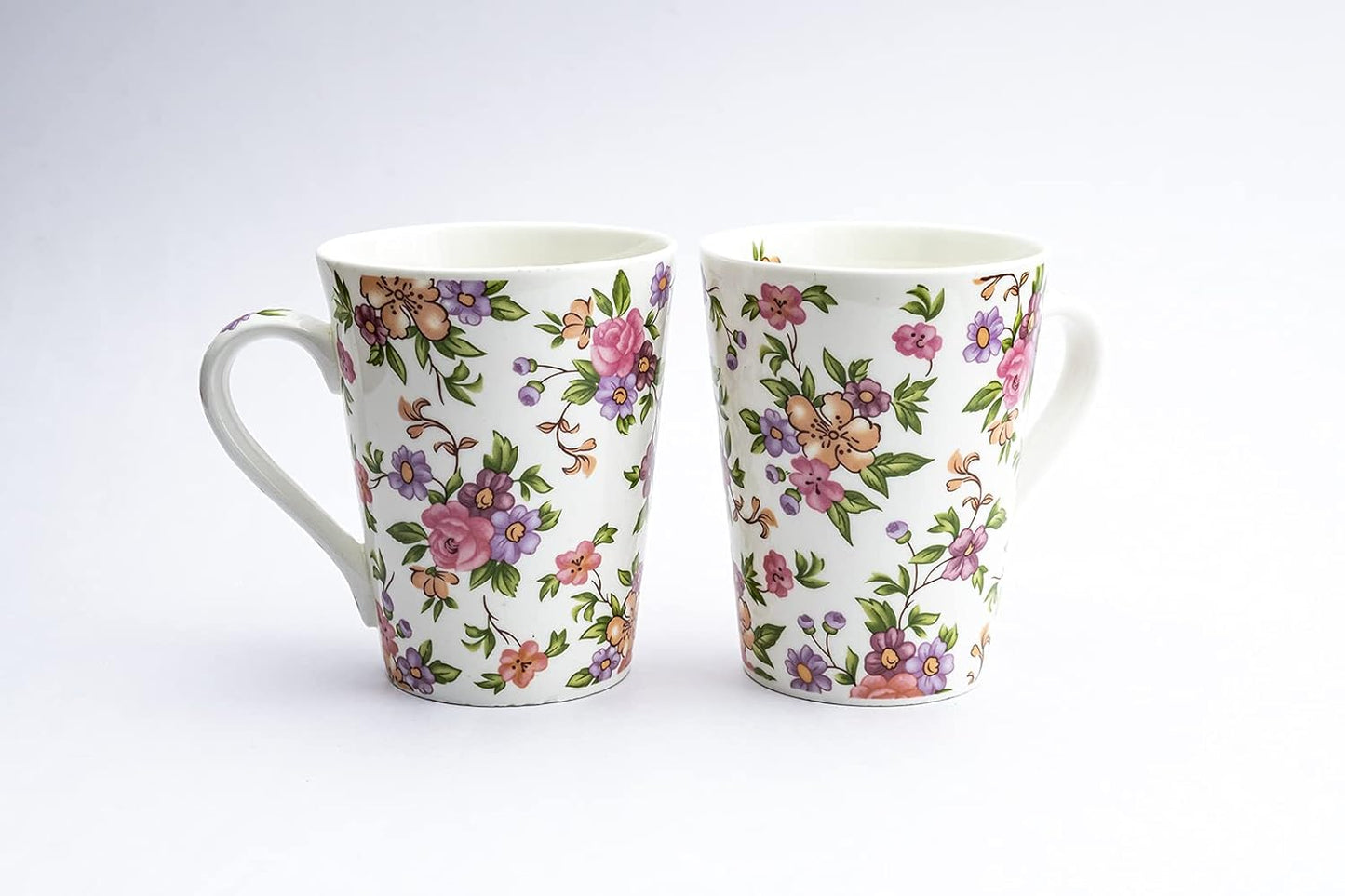 TIO's Ceramic Floral Print - Milk & Coffee Mug, 300 Ml - Set of 2 (Pink Floral Tapered Mugs)