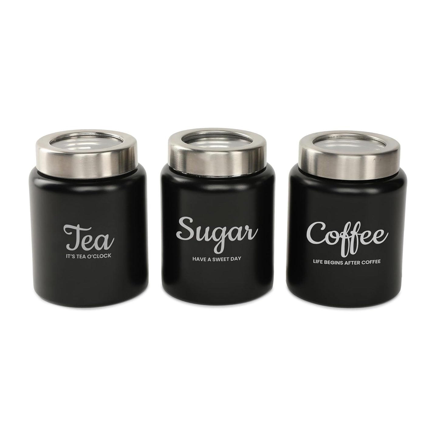 TIO's Stainless Steel Round Canister/Kitchen Storage for Tea Coffee Sugar pack of 3 (BLACK) 800 Millilitre/Each Jar