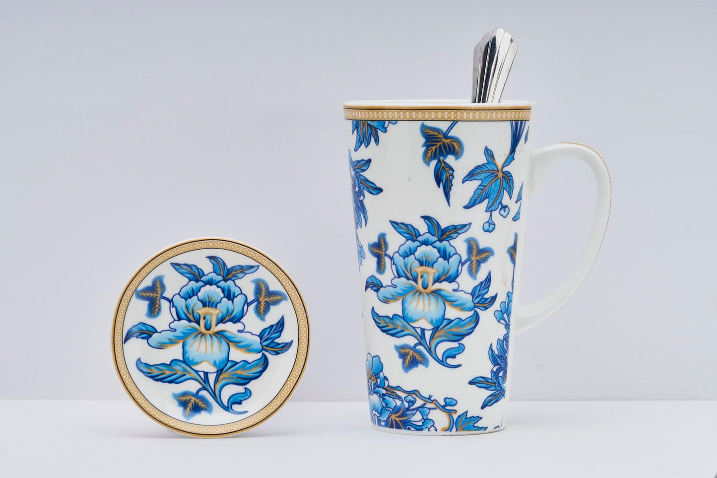 TIO's Ceramic Milk & Coffee Mug, 500 Ml - Set of 1 Mug, 1 Spoon & 1 Coaster (Blue Orchid Floral)