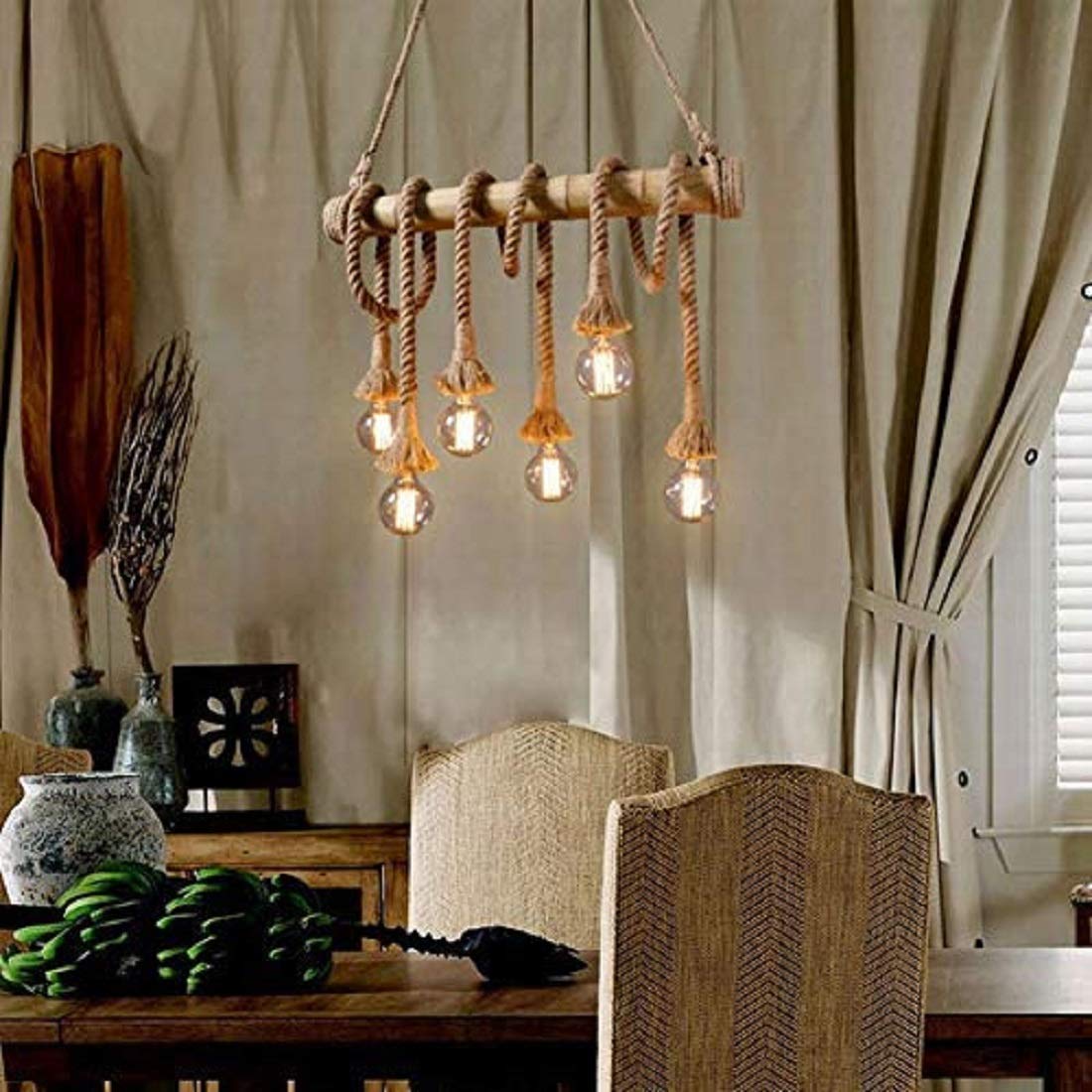 TIO's Bamboo and Jute Rope Ceiling Hanging Chandelier Pendant Ceiling Lamp (Bulb not Included)