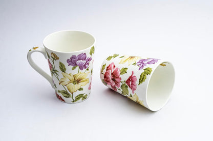 TIO's Ceramic Floral Print - Milk & Coffee Mug, 300 Ml - Set of 2 (Pink & Green Tapered)