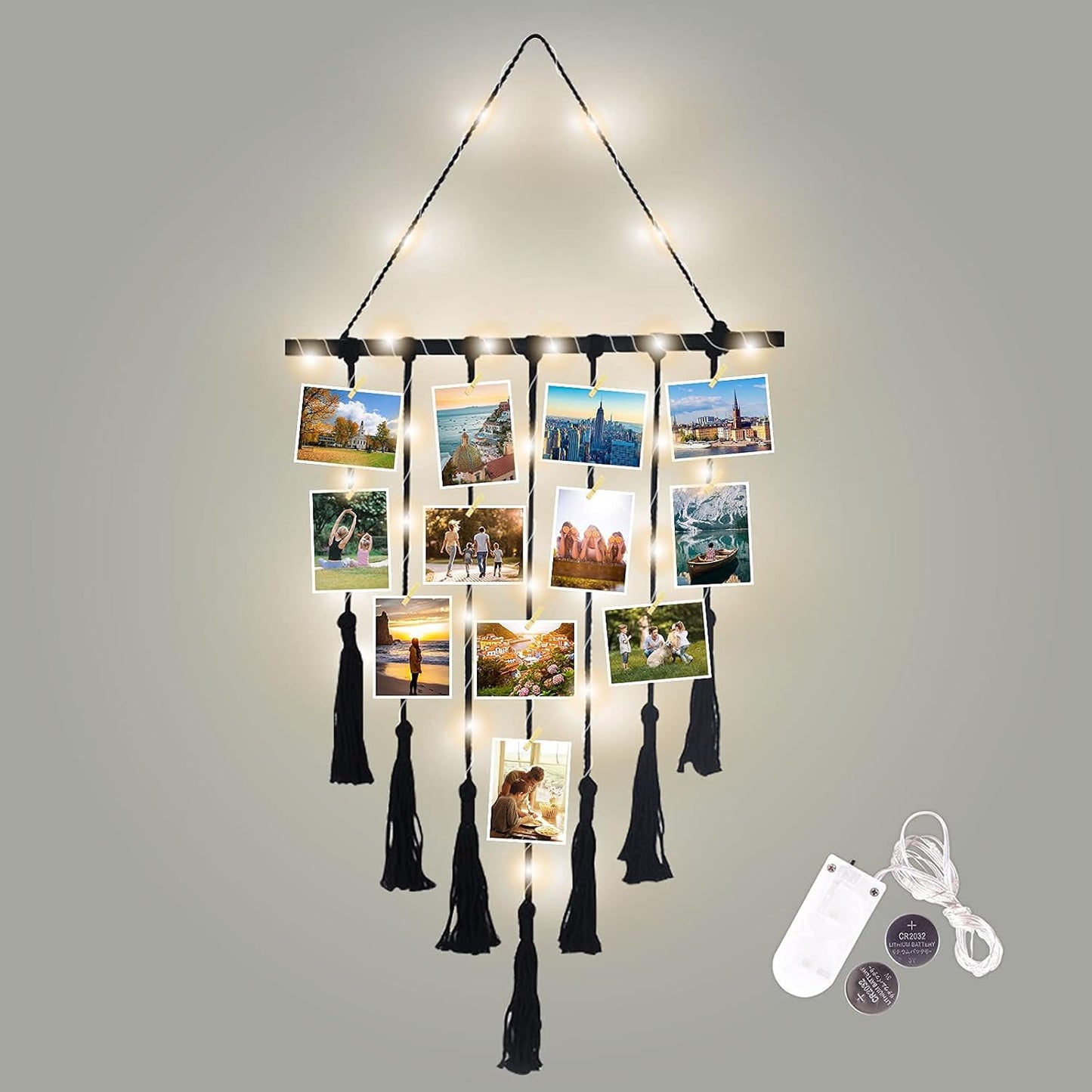 TIO's Hanging Photo Display Wall Decor - Macrame Wall Decor Hanging String Light Boho Home Decor for Apartment Bedroom Living Room Gallery, with 30 Wood Clips for Photo Collage Frame