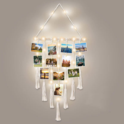 TIO's Hanging Photo Display Wall Decor - Macrame Wall Decor Hanging String Light Boho Home Decor with 30 Wood Clips for Photo Collage Frame