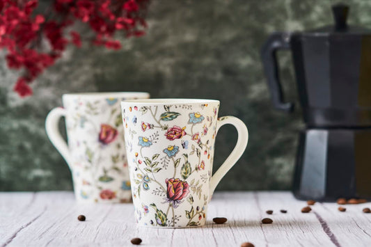 TIO's Ceramic Floral Print - Milk & Coffee Mug, 300 Ml - Set of 2 (Pink Shrub)