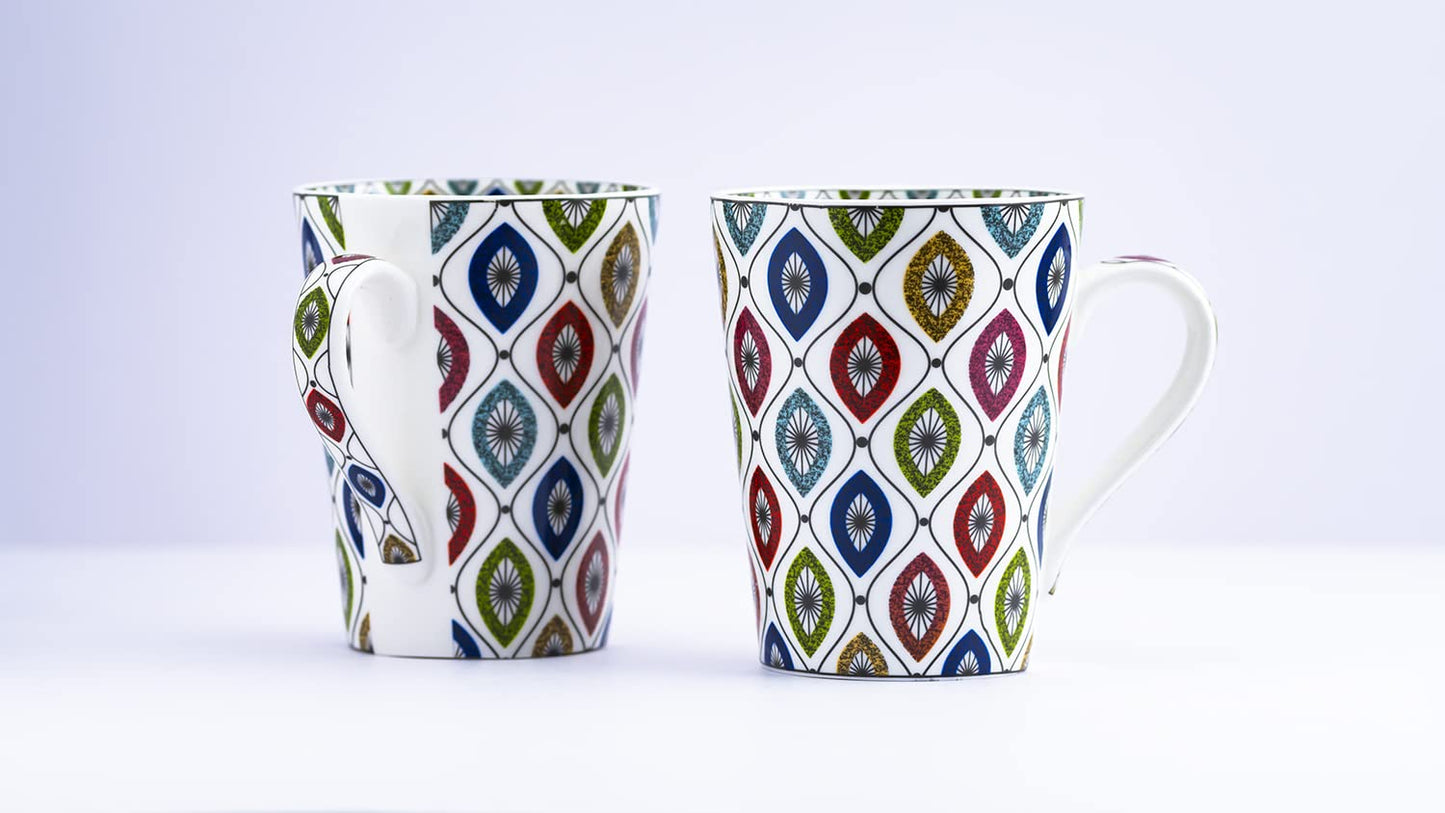 TIO's Ceramic Floral Print - Milk & Coffee Mug, 300 Ml - Set of 2 (Geometric)