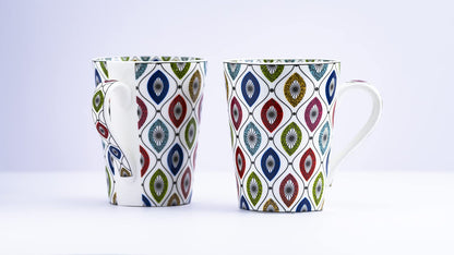 TIO's Ceramic Floral Print - Milk & Coffee Mug, 300 Ml - Set of 2 (Geometric)