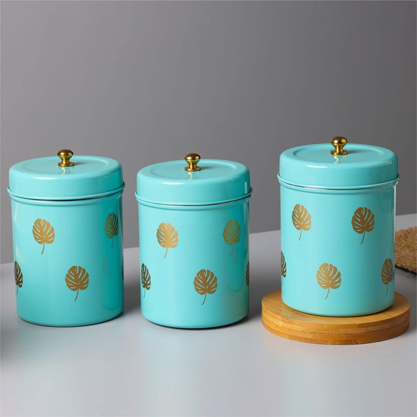 TIO's Stainless Steel Round Canister/Kitchen Storage for Tea Coffee Sugar pack of 3 (AQUA)