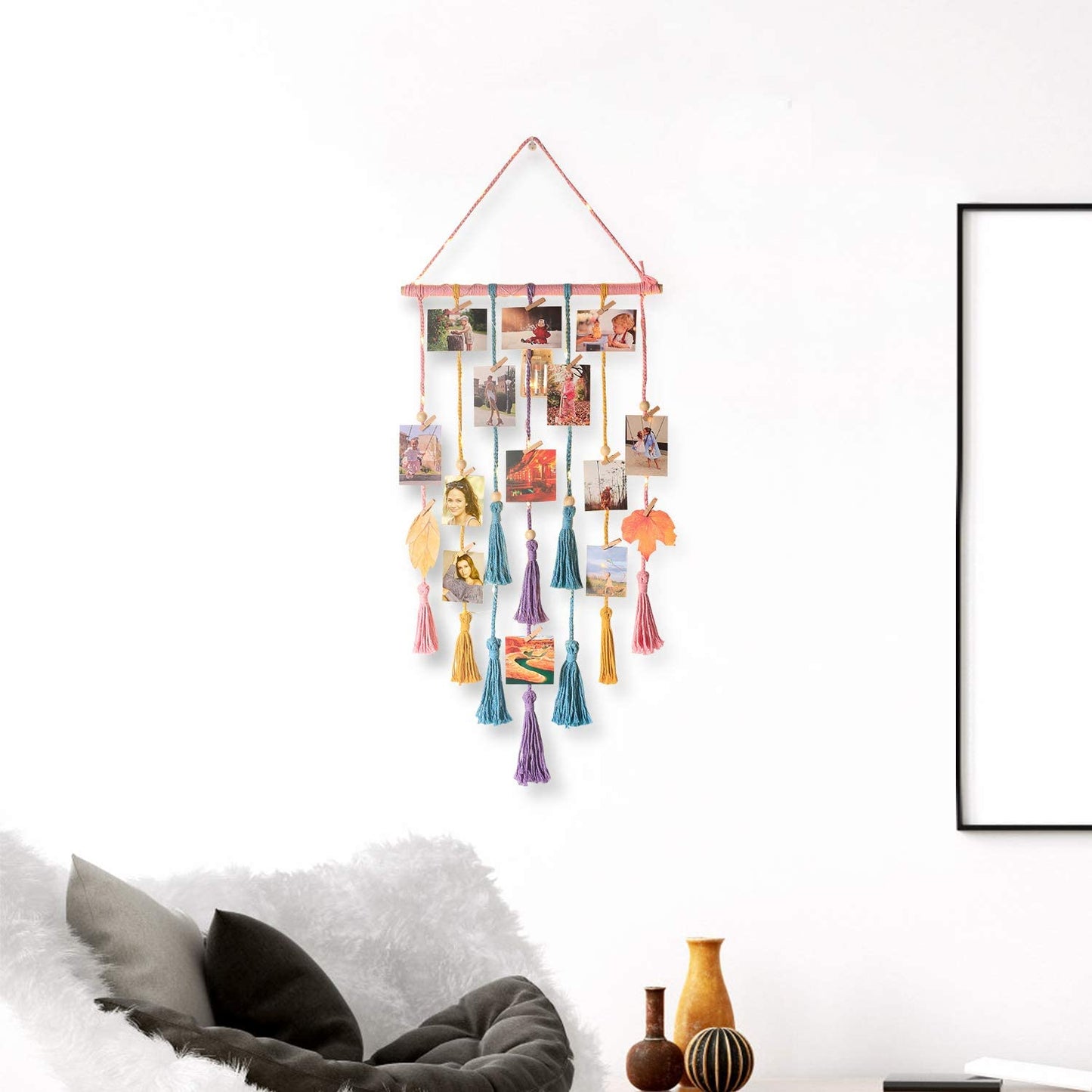 TIO's Hanging Photo Display Wall Decor - Macrame Wall Decor Hanging String Light Boho Home Decor for Apartment Bedroom Living Room Gallery, with 30 Wood Clips for Photo Collage Frame