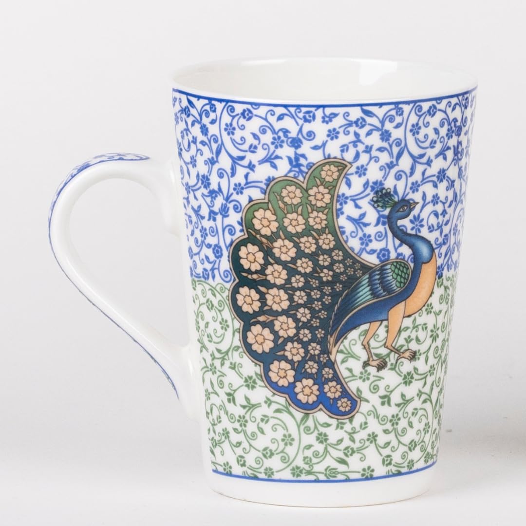 TIO's Ceramic Floral Print - Milk & Coffee Mug, 300 Ml - Set of 2 (Indian Peafowl)