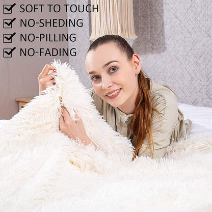 TIO's Super Soft Plush Faux Fur Blanket 60" x 80",Fluffy Cozy Comfy Furry Warm Twin Blanket Sherpa Fuzzy Fleece Thick Lightweight Blanket for Bed Chair Sofa Couch (Cream White)