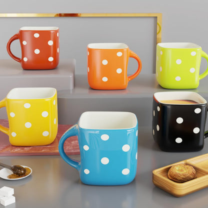 TIO's Handcrafted Microwave Safe Ceramic Multicolor Polka Dot Printed Tea Cup/Coffee Cup Set with Handle (Set of 6)