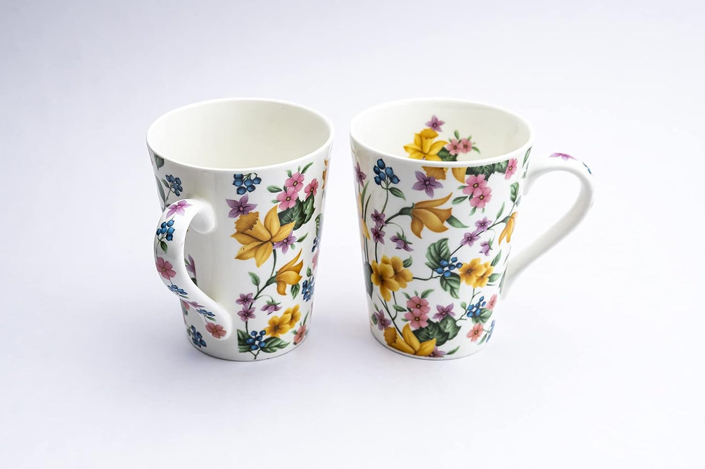 TIO's Ceramic Floral Print - Milk & Coffee Mug, 300 Ml - Set of 2 (Daffodil Tapered)