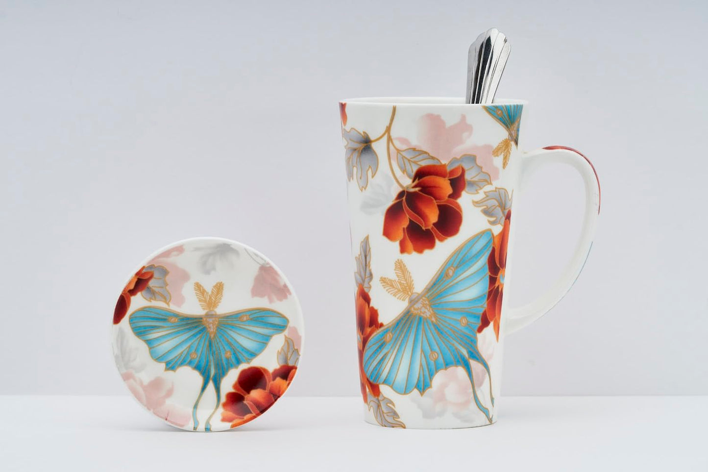 TIO's Ceramic Milk & Coffee Mug, 500 Ml - Set of 1 Mug, 1 Spoon & 1 Coaster (Butterfly Blue & Orange)