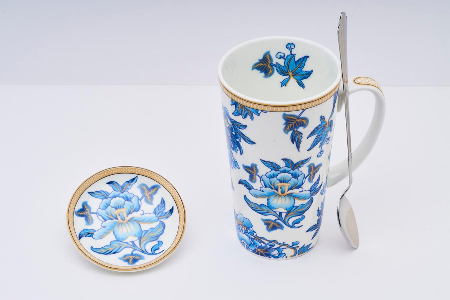 TIO's Ceramic Milk & Coffee Mug, 500 Ml - Set of 1 Mug, 1 Spoon & 1 Coaster (Blue Orchid Floral)