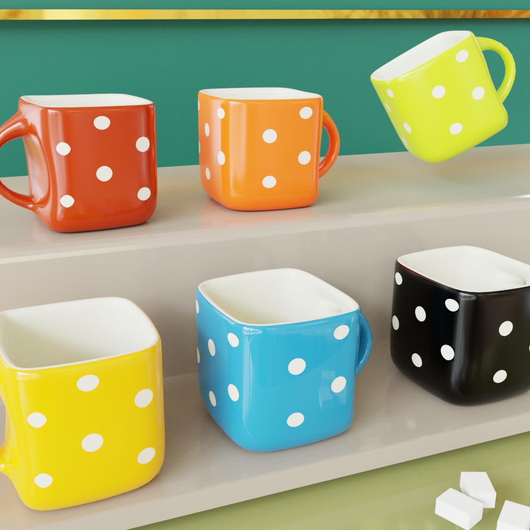 TIO's Handcrafted Microwave Safe Ceramic Multicolor Polka Dot Printed Tea Cup/Coffee Cup Set with Handle (Set of 6)