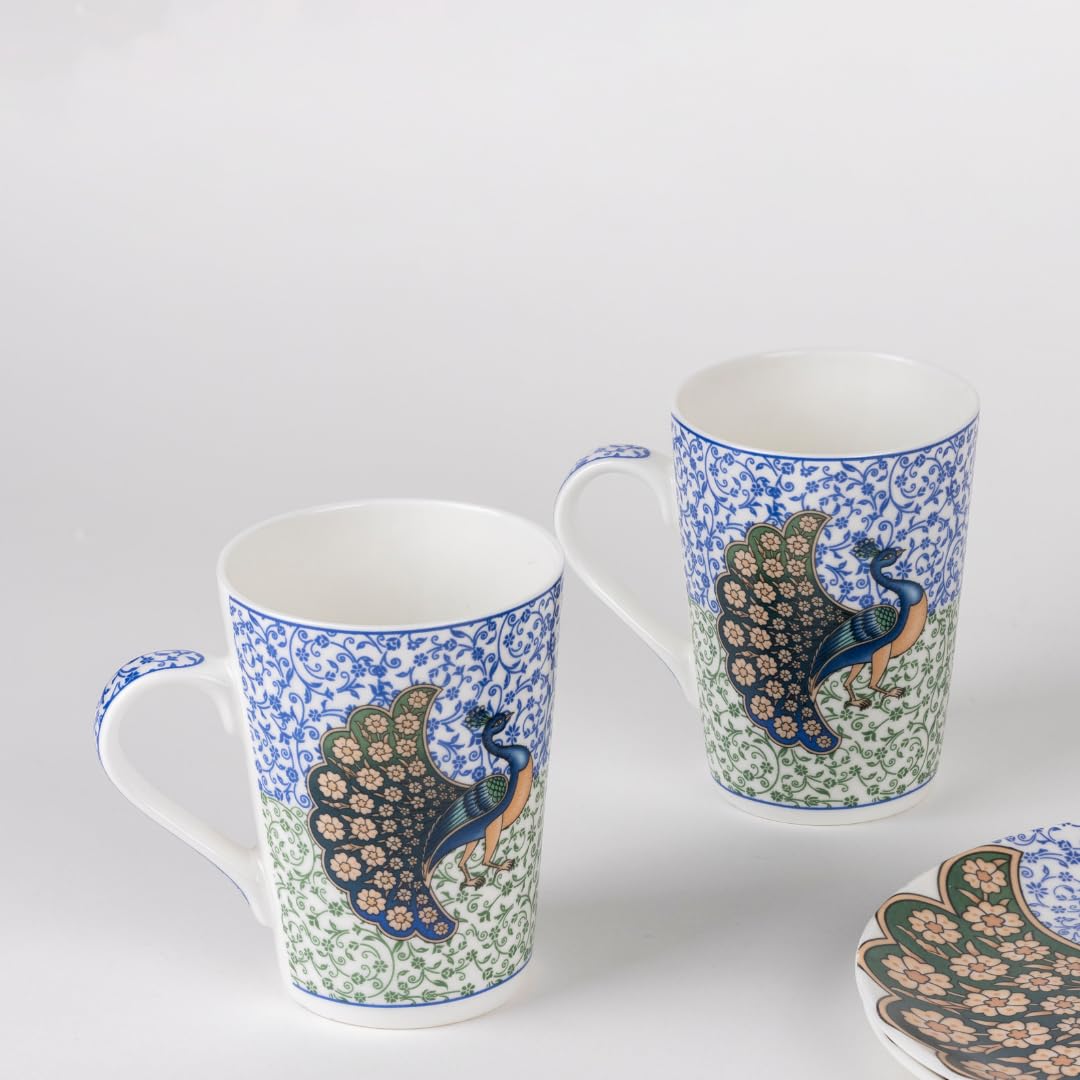 TIO's Ceramic Floral Print - Milk & Coffee Mug, 300 Ml - Set of 2 (Indian Peafowl)