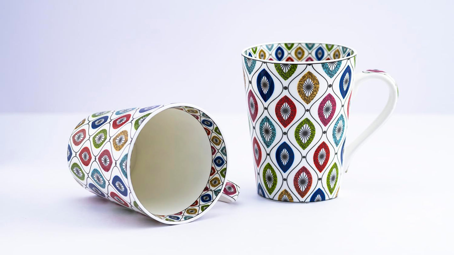 TIO's Ceramic Floral Print - Milk & Coffee Mug, 300 Ml - Set of 2 (Geometric)