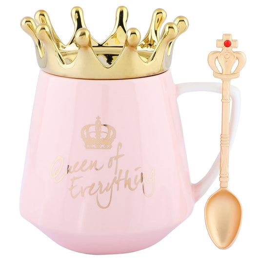 TIO's Set of 2 Queen Coffee Mug, Coffee Mug with Lid, Ceramic Coffee Mug with Spoon (400ml - Baby Pink & Golden)