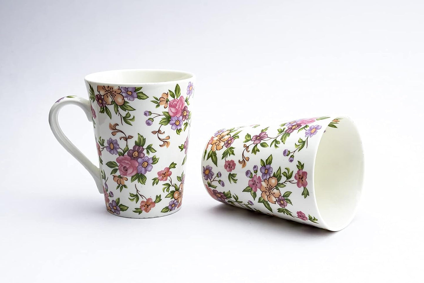 TIO's Ceramic Floral Print - Milk & Coffee Mug, 300 Ml - Set of 2 (Pink Floral Tapered Mugs)