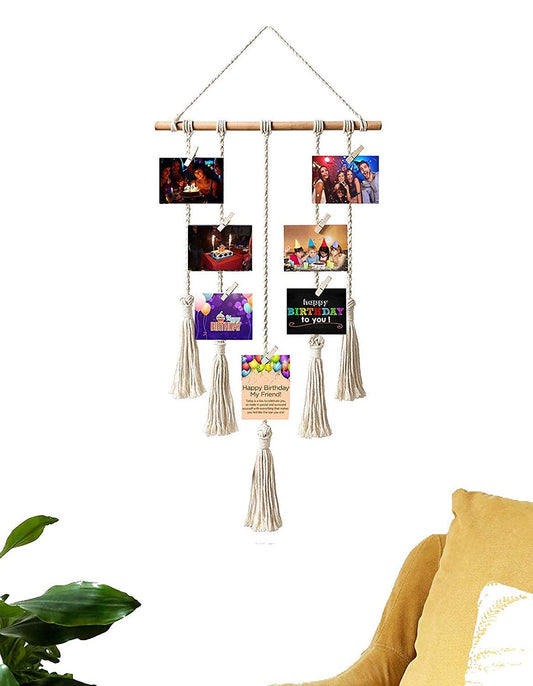 TIO's Hanging Photo Display Wall Decor - Macrame Wall Decor Hanging String Light Boho Home Decor for Apartment Bedroom Living Room Gallery, with 30 Wood Clips for Photo Collage Frame