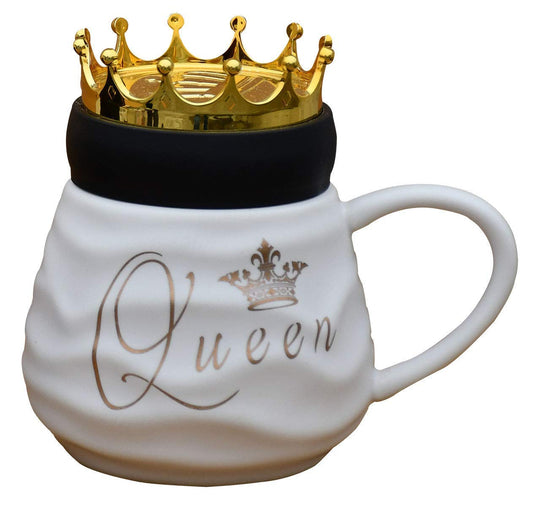 TIO's Set of 2 Queen Coffee Mug, Coffee Mug with Lid, Ceramic Coffee Mug with Spoon (400ml - White & Black)