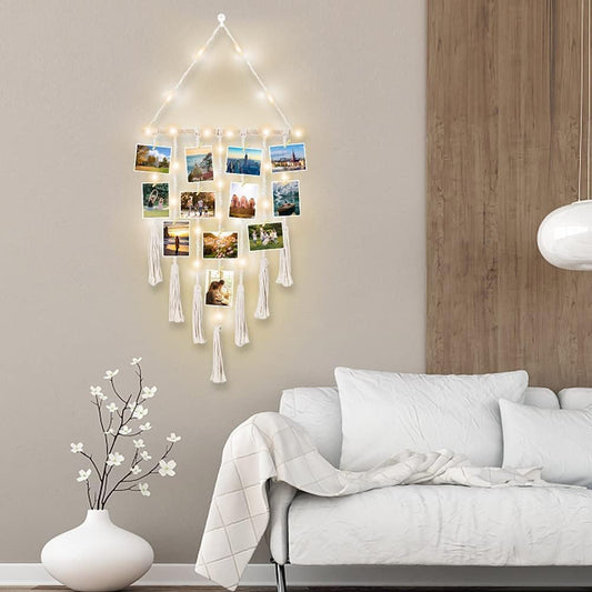 TIO's Hanging Photo Display Wall Decor - Macrame Wall Decor Hanging String Light Boho Home Decor with 30 Wood Clips for Photo Collage Frame