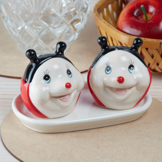 TIO's Ceramic Salt and Pepper Shakers Set with Tray for Dining Table Used as Sprinkler, Spices Dispenser for Home, Kitchen, Lady Bug Design, Red Black