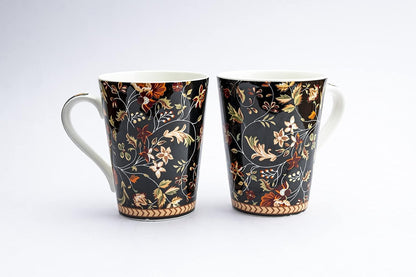 TIO's Ceramic Floral Print - Milk & Coffee Mug, 300 Ml - Set of 2 (Black Beauty)