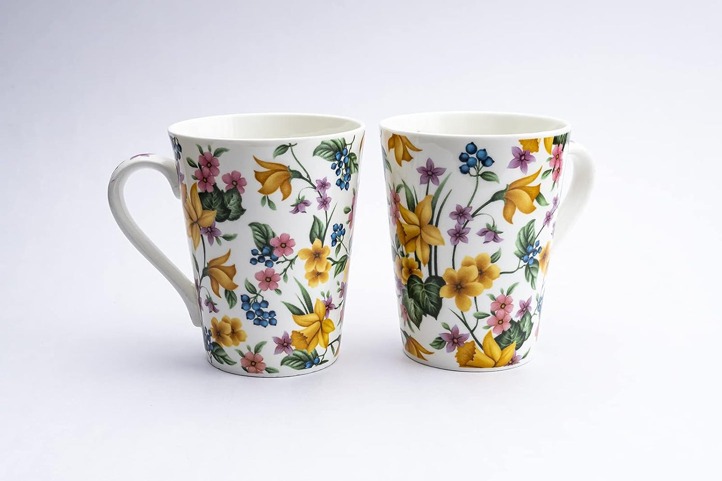 TIO's Ceramic Floral Print - Milk & Coffee Mug, 300 Ml - Set of 2 (Daffodil Tapered)