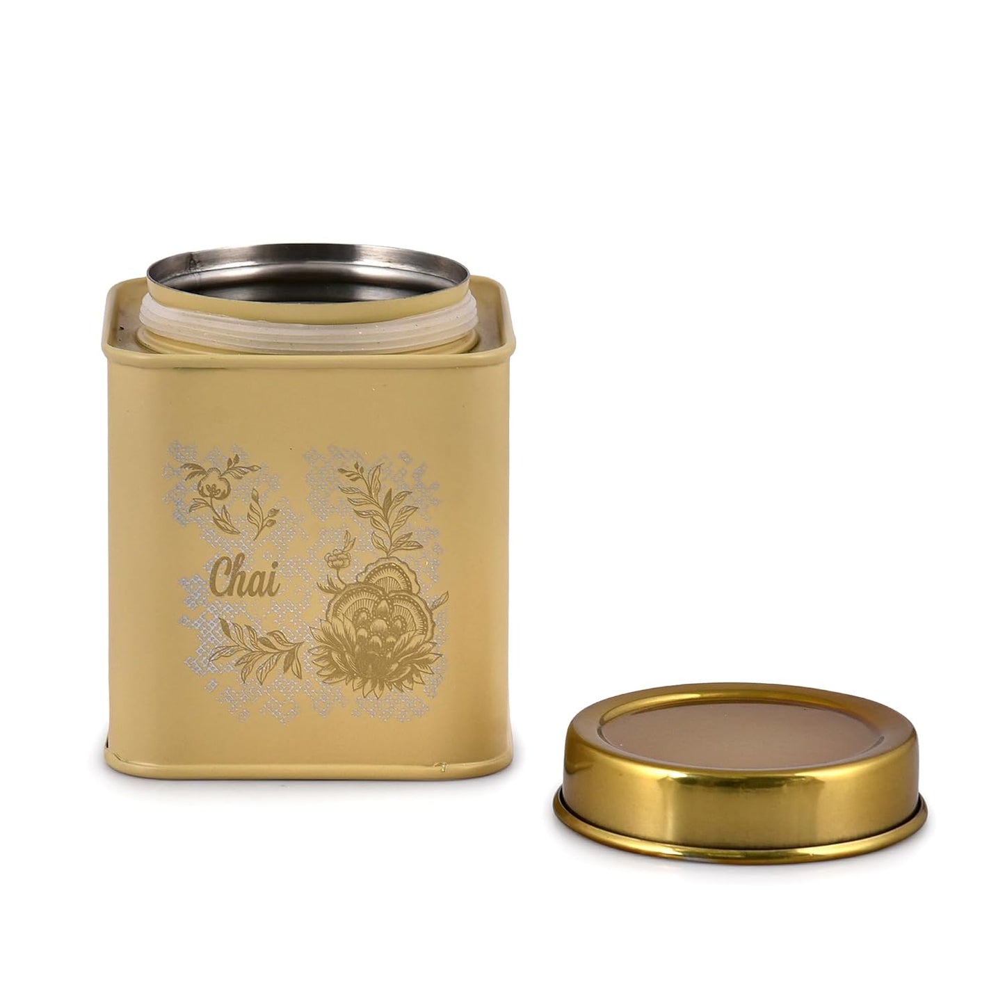 TIO's Gingham & Blooms Leak Proof Air-Tight Stainless Steel Chai (Tea), Cheeni (Sugar) & Kaffee (Coffee) Square Container | Tea Sugar Coffee Kitchen Organizer Jar |Stainless steel jar Set of 3 (Daisy Yellow, 500ml)