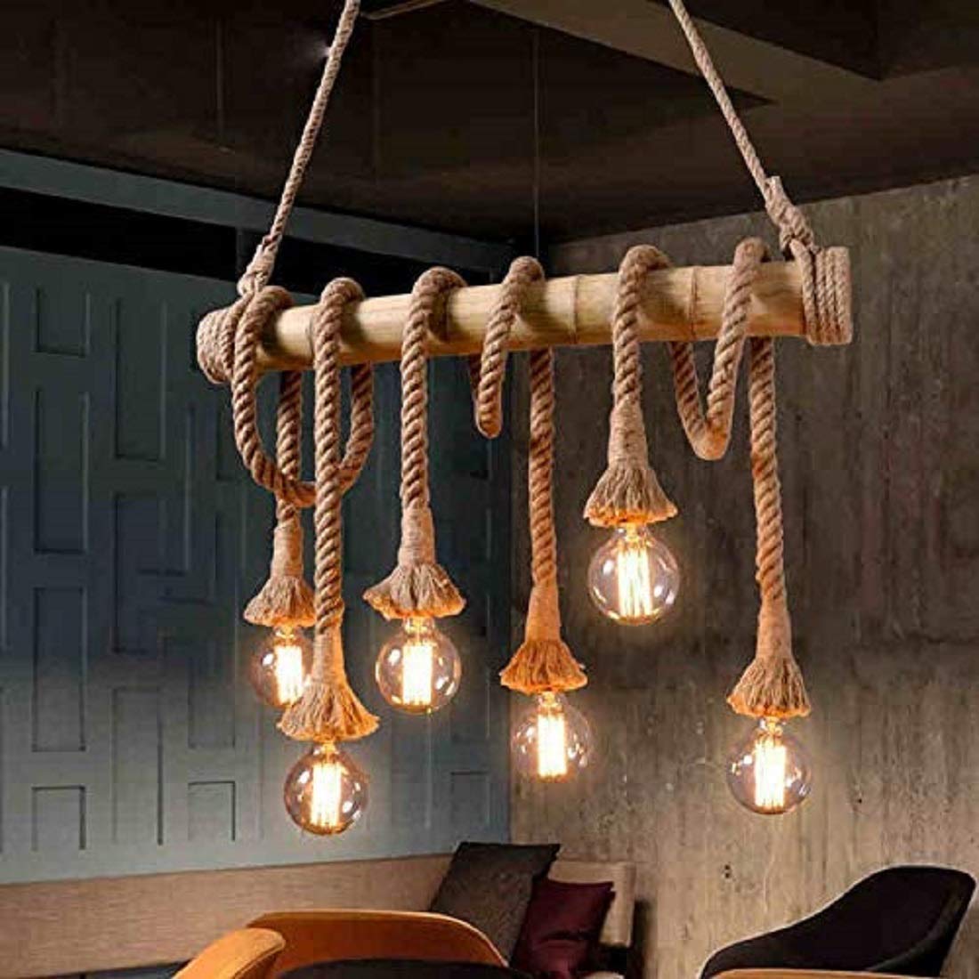 TIO's Bamboo and Jute Rope Ceiling Hanging Chandelier Pendant Ceiling Lamp (Bulb not Included)