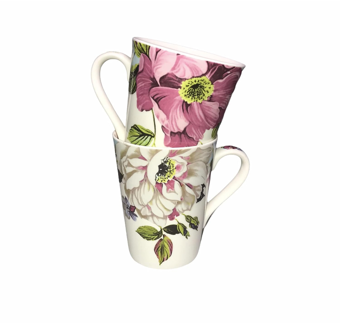 TIO's Ceramic Floral Print - Milk & Coffee Mug, 300 Ml - Set of 2 (Pink)