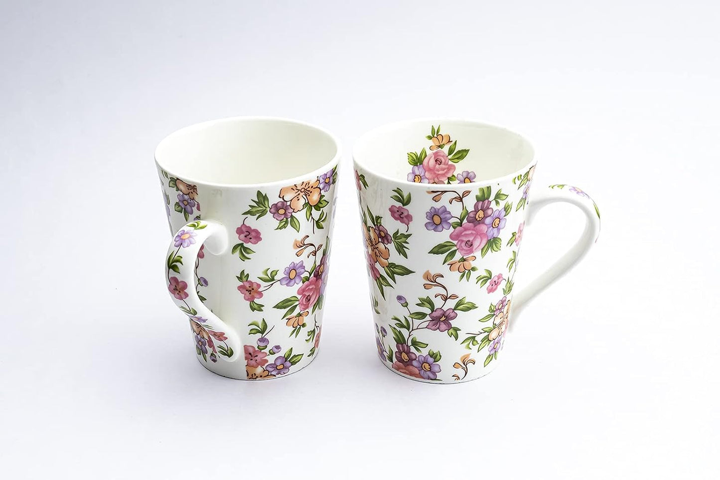 TIO's Ceramic Floral Print - Milk & Coffee Mug, 300 Ml - Set of 2 (Pink Floral Tapered Mugs)