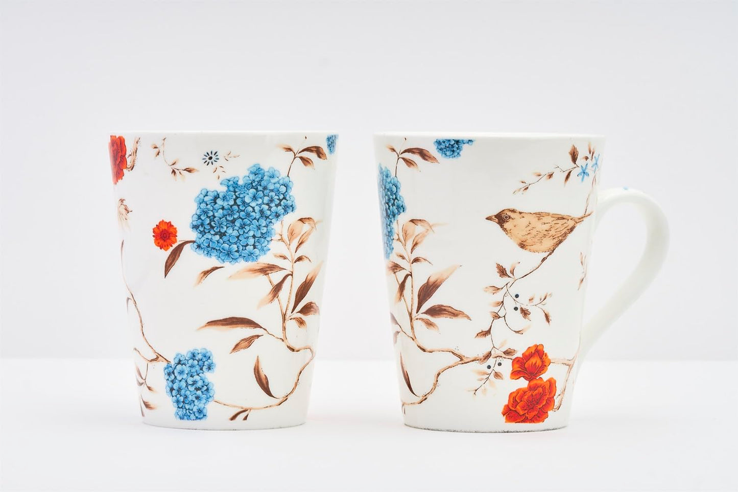 TIO's Ceramic Floral Print - Milk & Coffee Mug, 300 Ml - Set of 2 (Birdsong)