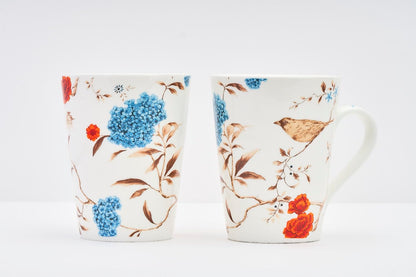 TIO's Ceramic Floral Print - Milk & Coffee Mug, 300 Ml - Set of 2 (Birdsong)