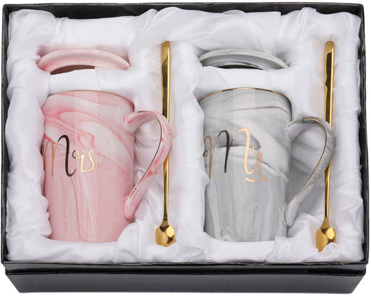 TIO's Ceramic Marble Finish Coffee Mug With Lid & Spoon as Valentine's gift for Couple 380 ML