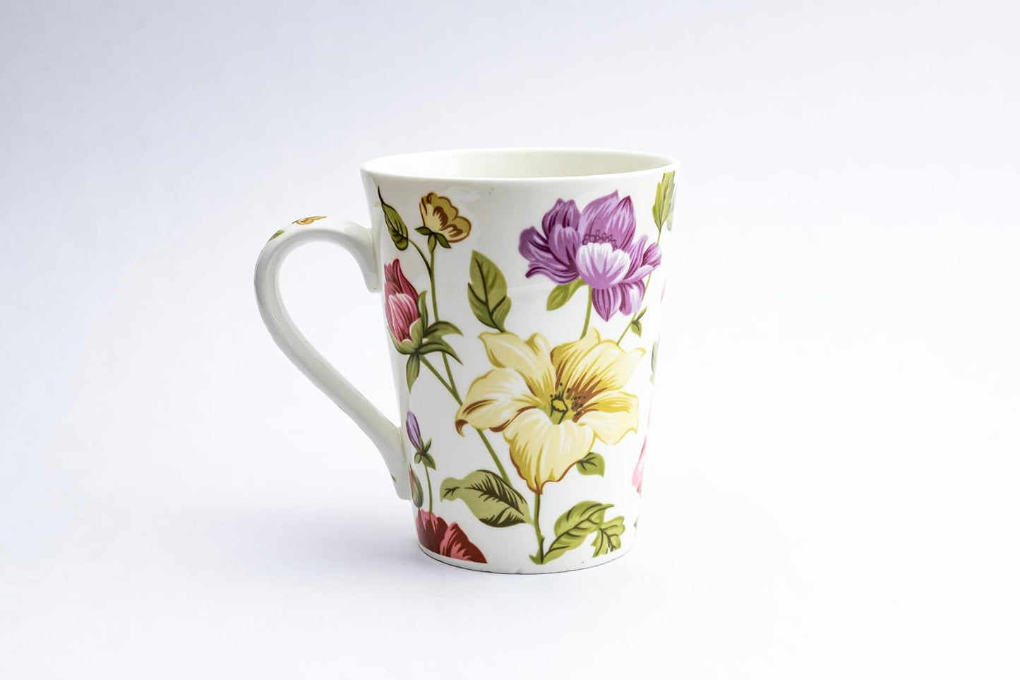 TIO's Ceramic Floral Print - Milk & Coffee Mug, 300 Ml - Set of 2 (Pink & Green Tapered)