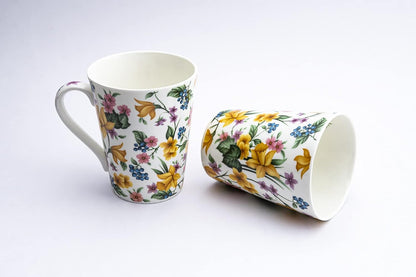 TIO's Ceramic Floral Print - Milk & Coffee Mug, 300 Ml - Set of 2 (Daffodil Tapered)