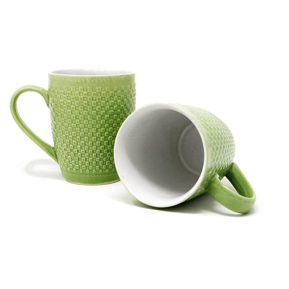 TIO's Green Check Coffee Mug Set of 2 Ceramic mugs| Microwave Safe Milk Mugs (300 ml Each, Green)