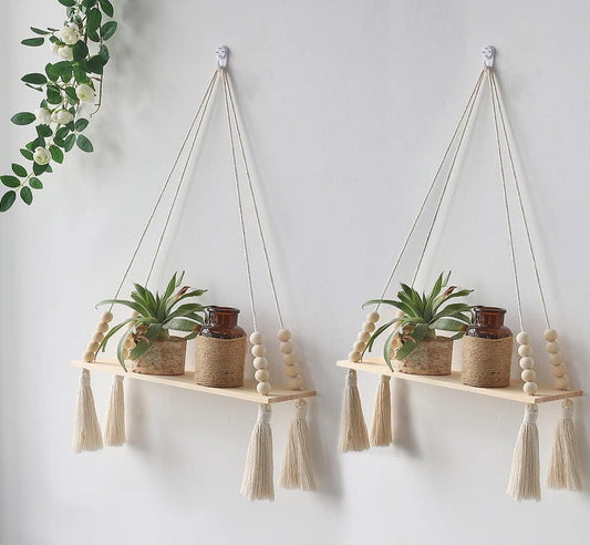 TIO's Macrame Wall Hanging Shelf for Home Decor | Bohemian Floating Wooden Shelve for Bedroom, Living Room, Nursery and Marriage Party Decoration, White, Pack of 2 Pieces (Large)