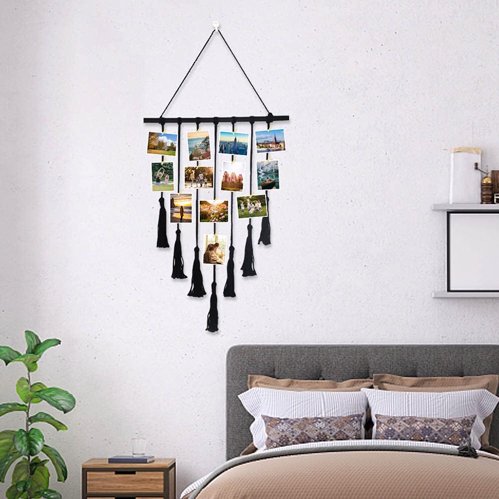 TIO's Hanging Photo Display Wall Decor - Macrame Wall Decor Hanging String Light Boho Home Decor for Apartment Bedroom Living Room Gallery, with 30 Wood Clips for Photo Collage Frame